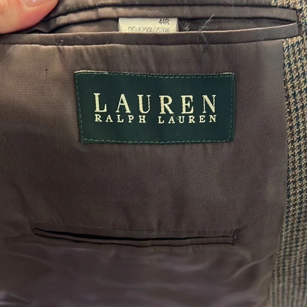 Lauren Ralph Lauren 44R SportsCoat Blazer Houndstooth Wool/Silk/Cashmere TanNavy